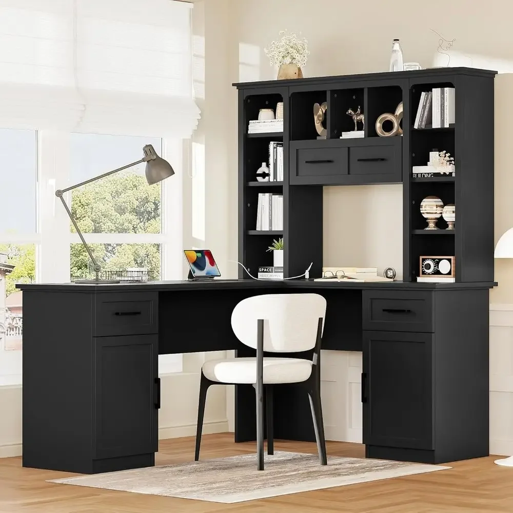 Gaming Desk With Hutch - L-Shaped Office Desk with Storage, Hutch,