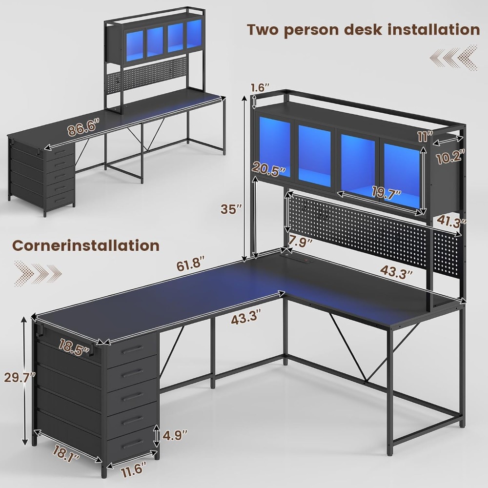 Gaming Desk With Hutch - L Shaped Gaming Desk with Drawers,
